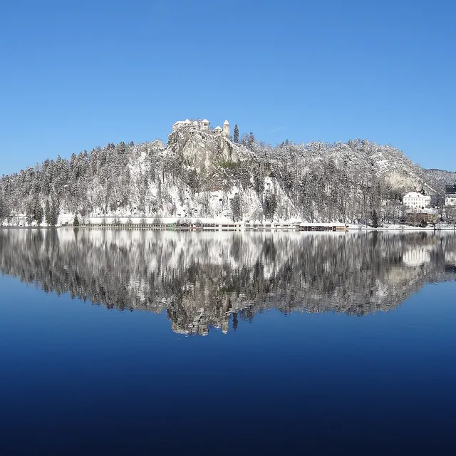 Bled Castle and its cliff under snow, mirrored in the still lake